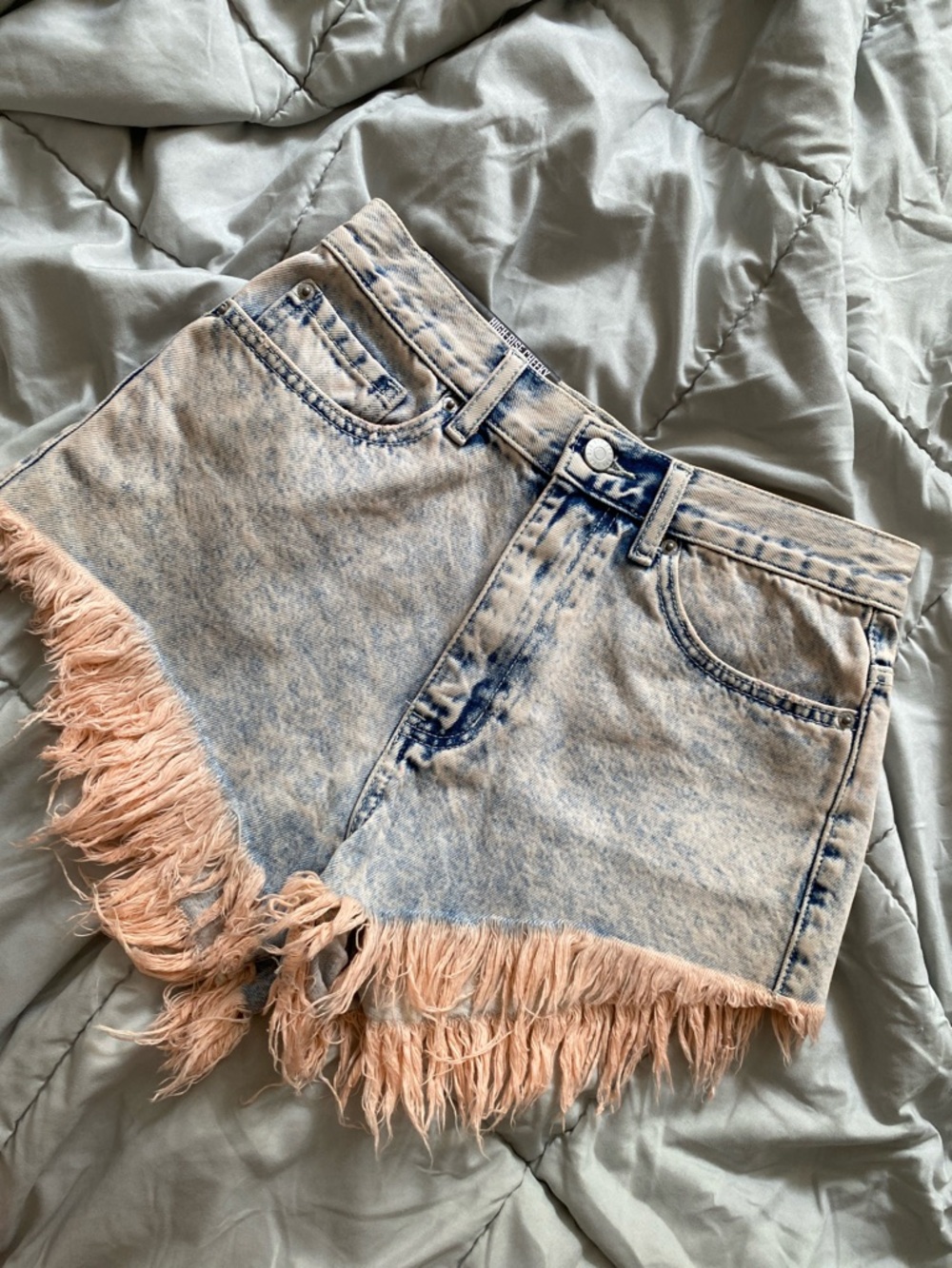 BDG Acid Wash Denim Shorts with Pink Fringe